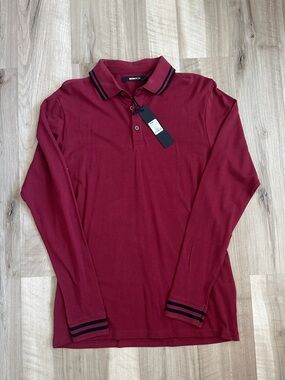 Men's Long Sleeve Polo Shirt - Burgundy with Black Trim